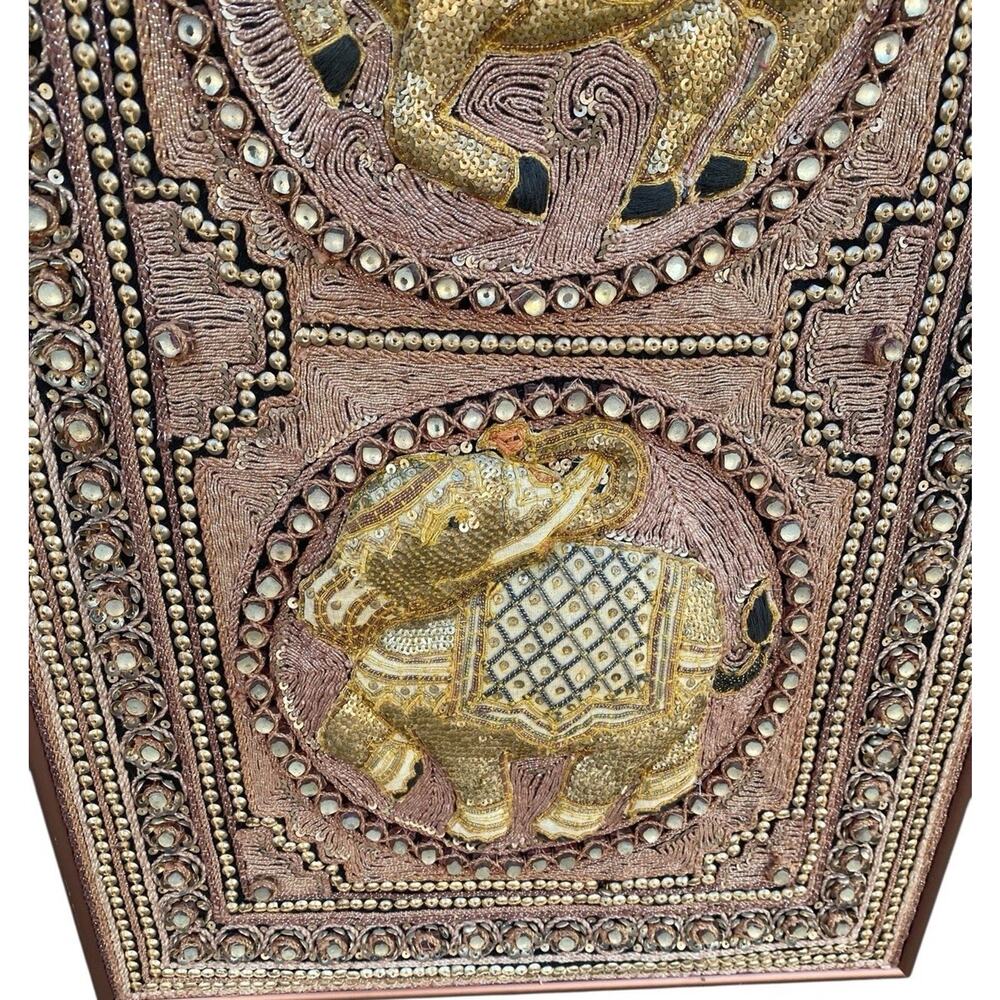 Vtg Burmese Thai Kalaga Tapestry Wall Art Elephant Peacock Lion Beaded 54” Large - Picture 6 of 16